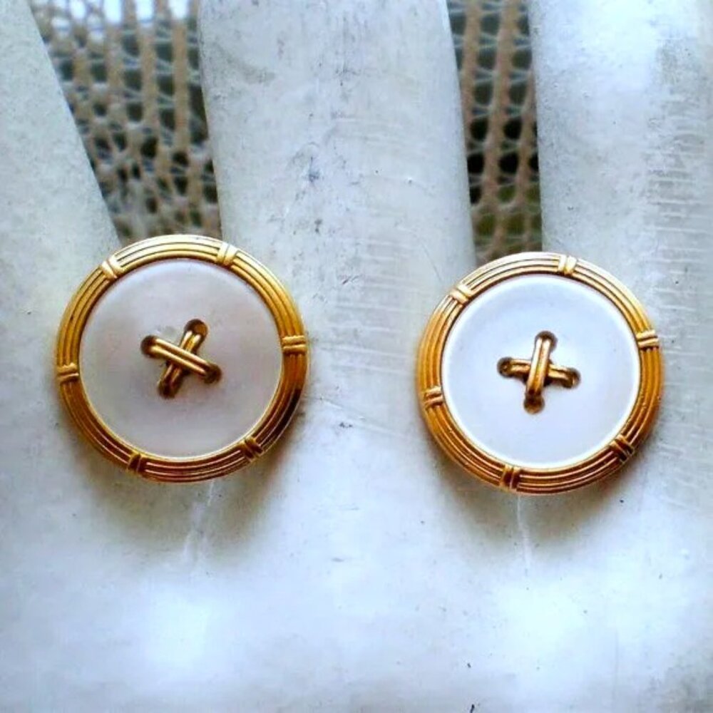 Antique Art Deco Solid 14K Yellow Gold Mother Of Pearl MOP Button Cufflinks P